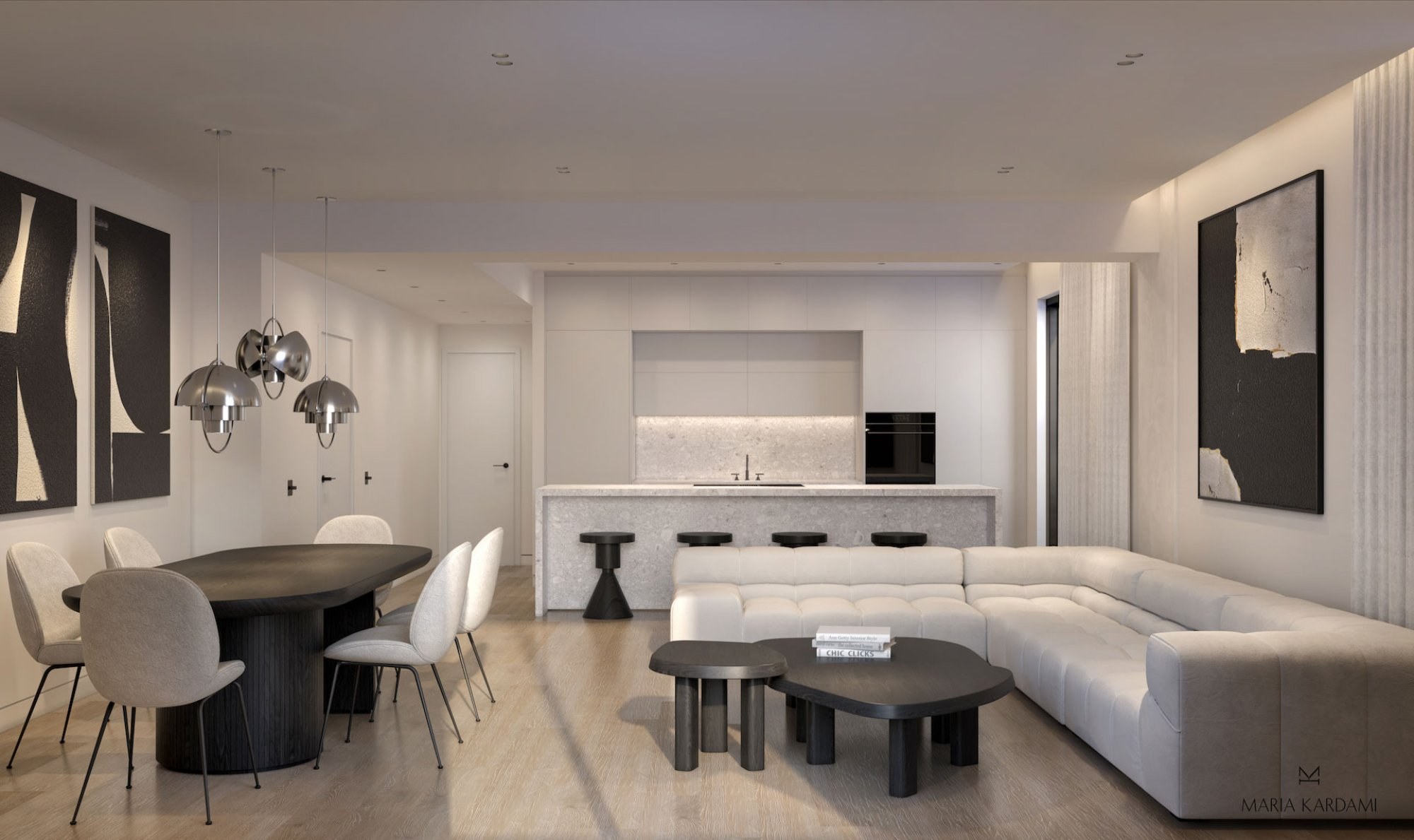 Living, dining and kitchen axis