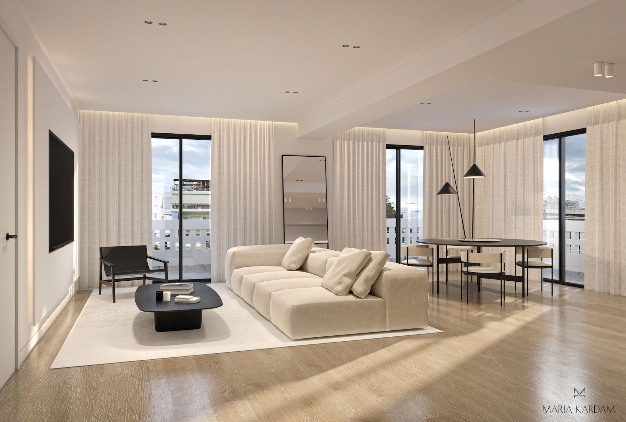Living room, three-window elevation